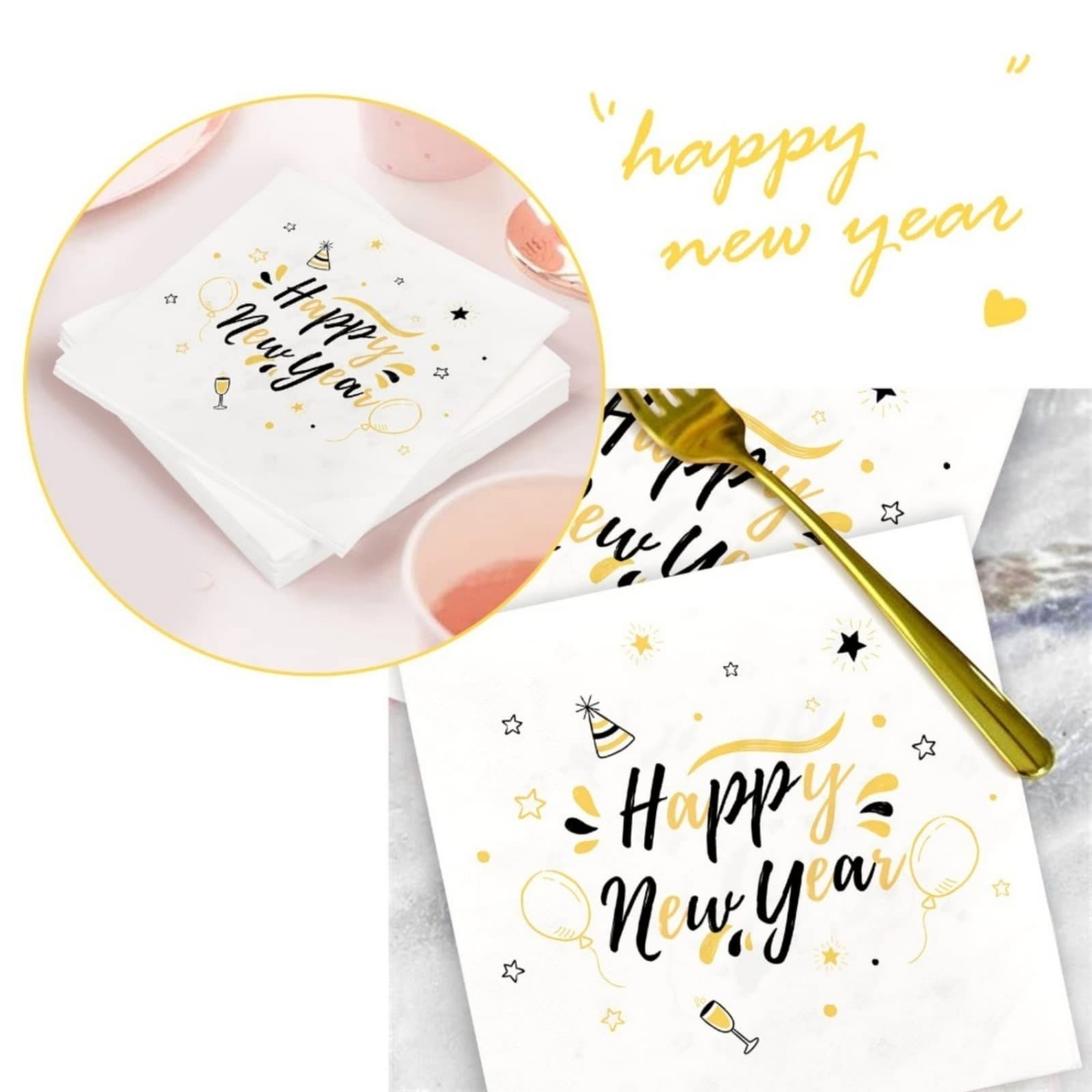 40 Happy New Year Napkins, New Year's Napkins, Winter Napkins, 33x33cm Patterned Napkins, New Year's And Christmas Party Table Decorations