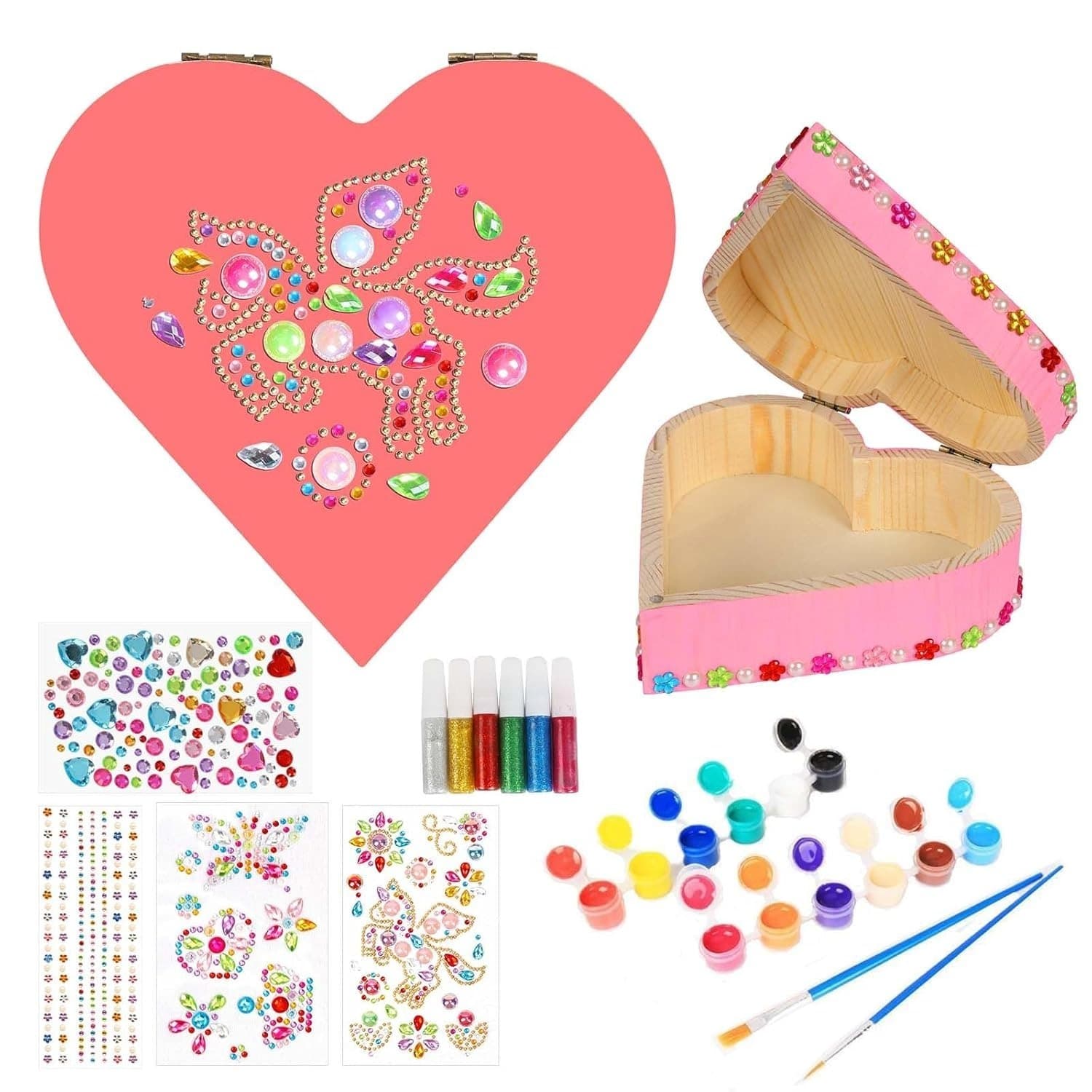 2-Piece Wooden Heart Jewelry Box Set, Handcrafted Wooden Heart Treasure Chest, Wooden Painting With Glass, Wooden Lock Set, Birthday Gift Ideas, DIY Creative Toys