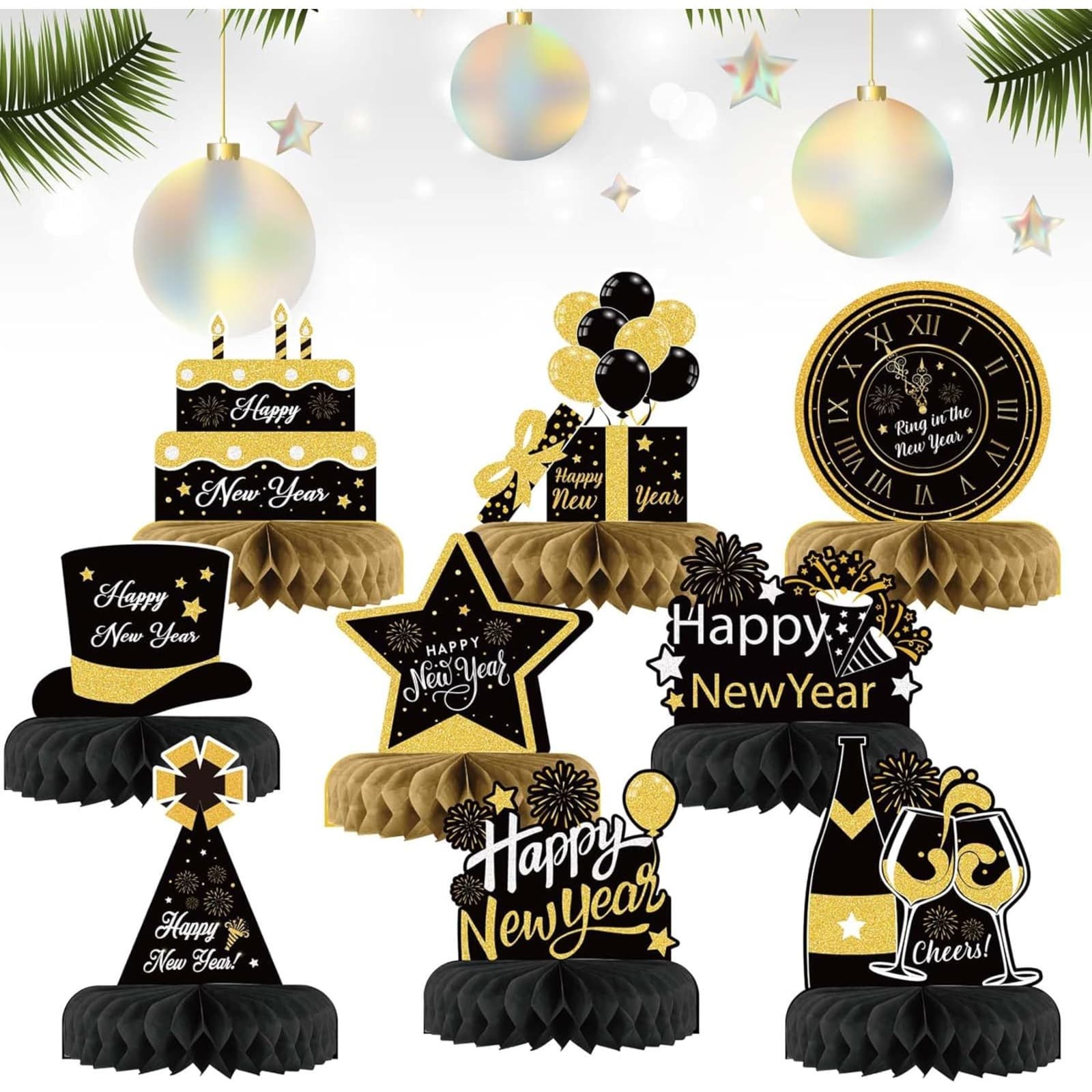 2026 New Year's Table Decorations ,9-Piece New Year's Eve Decoration Set ,Honeycomb-Shaped New Year's Eve Table Decorations ,Black New Year's Decorations ,Happy New Year Decorations