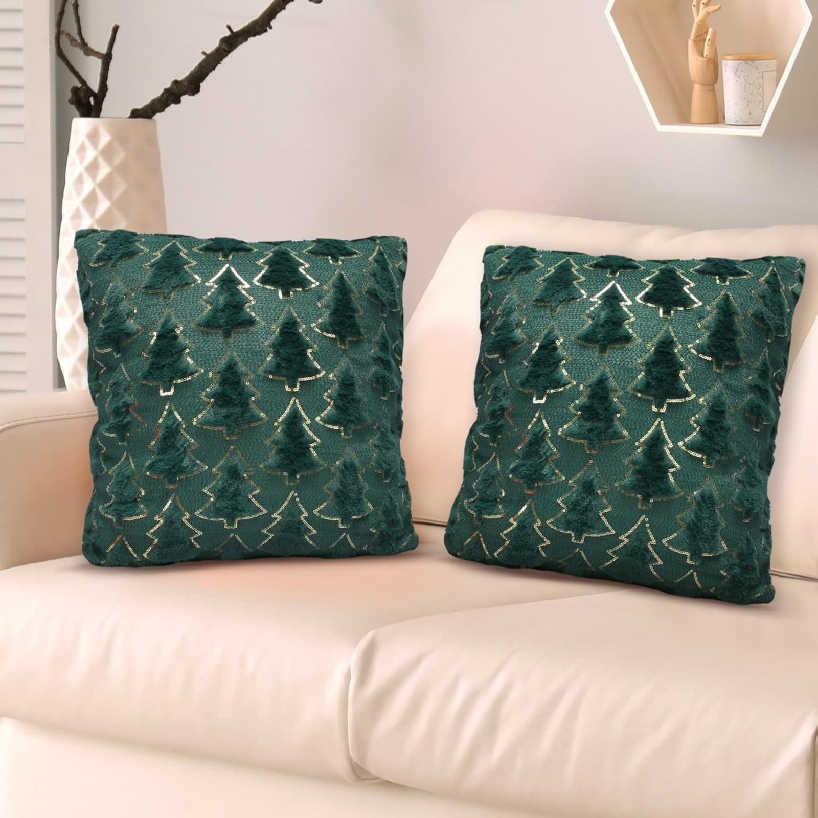 Set Of 2 Christmas Pillowcases, 45 X 45 Cm, Christmas Tree Pillows, Plush Pillow Covers, Decorative Pillows, Christmas Decor, Fir Tree Decorative Pillows For Sofa, Bed, And Living Room Decor