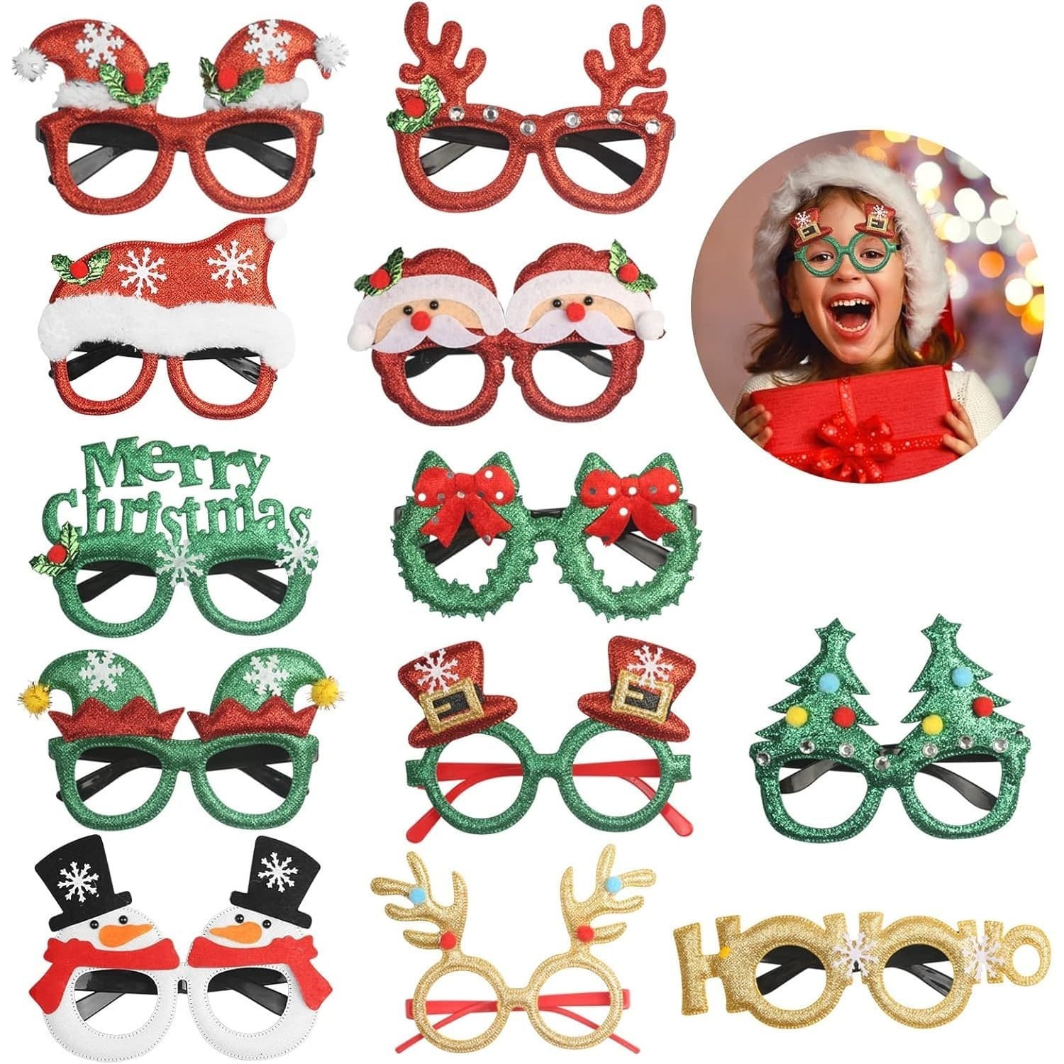 12-Piece Set Of Christmas Glasses, Funny Glasses, Glittery Party Glasses, Christmas Photo Props, Creative Christmas Glasses, Cute Party Glasses For Christmas Costumes, Party Decorations