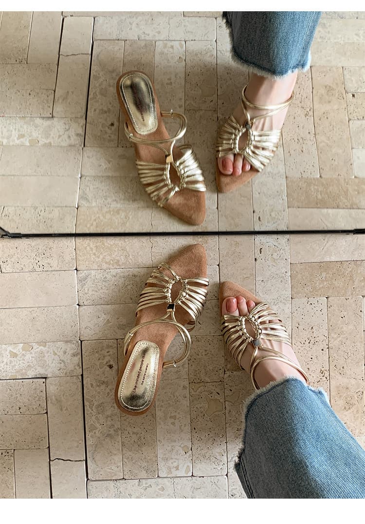 Women Vintage French Pointed Toe Wedge Slide Sandals, Gold Woven Thin Strap One Band Slides, Elegant Versatile Outdoor Roman Sandals