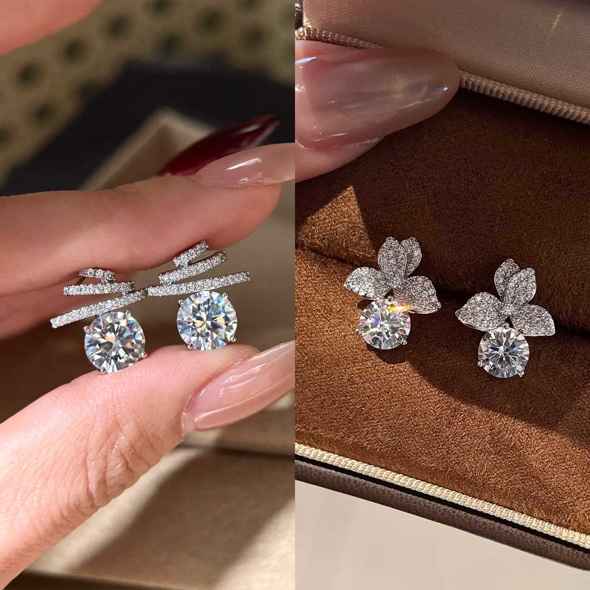 Light Luxury Elegant 2CT Shape 8 Hearts & 8 Arrows Cut Stud Earrings For Women, Micro Pave Full Rhinestone Clover Ear Jewelry