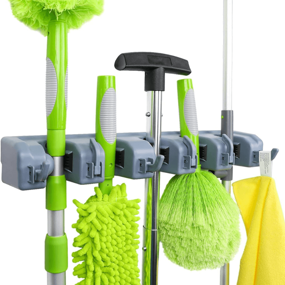 Heavy Duty Wall Mount Broom Mop Holder Heavy Duty Tool Organizer Hooks Slots Garage Laundry Kitchen Gray