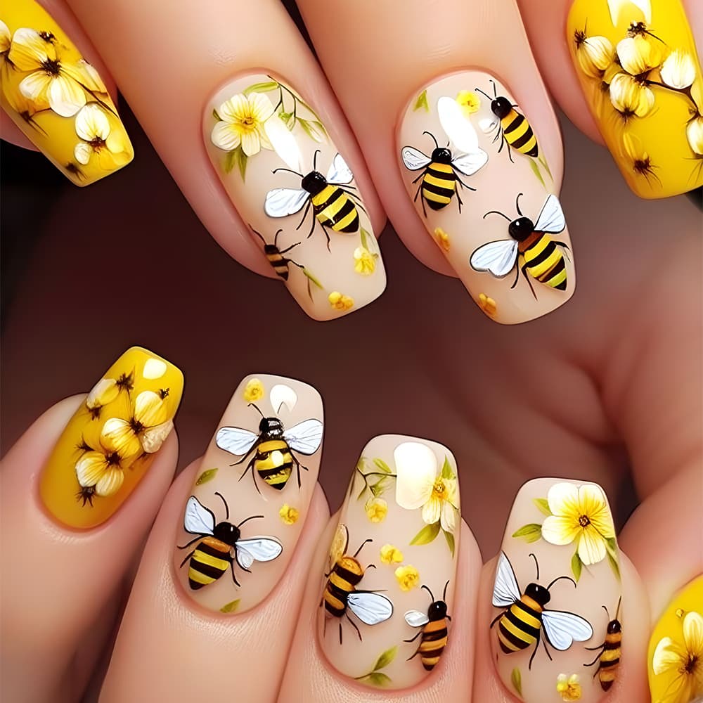 24-piece Long Coffin-shaped Fake Nails With Simple Flower And Bee Designs.Suitable For Nail Art At Parties,dances Or Daily Wear.Long Press The Nails.