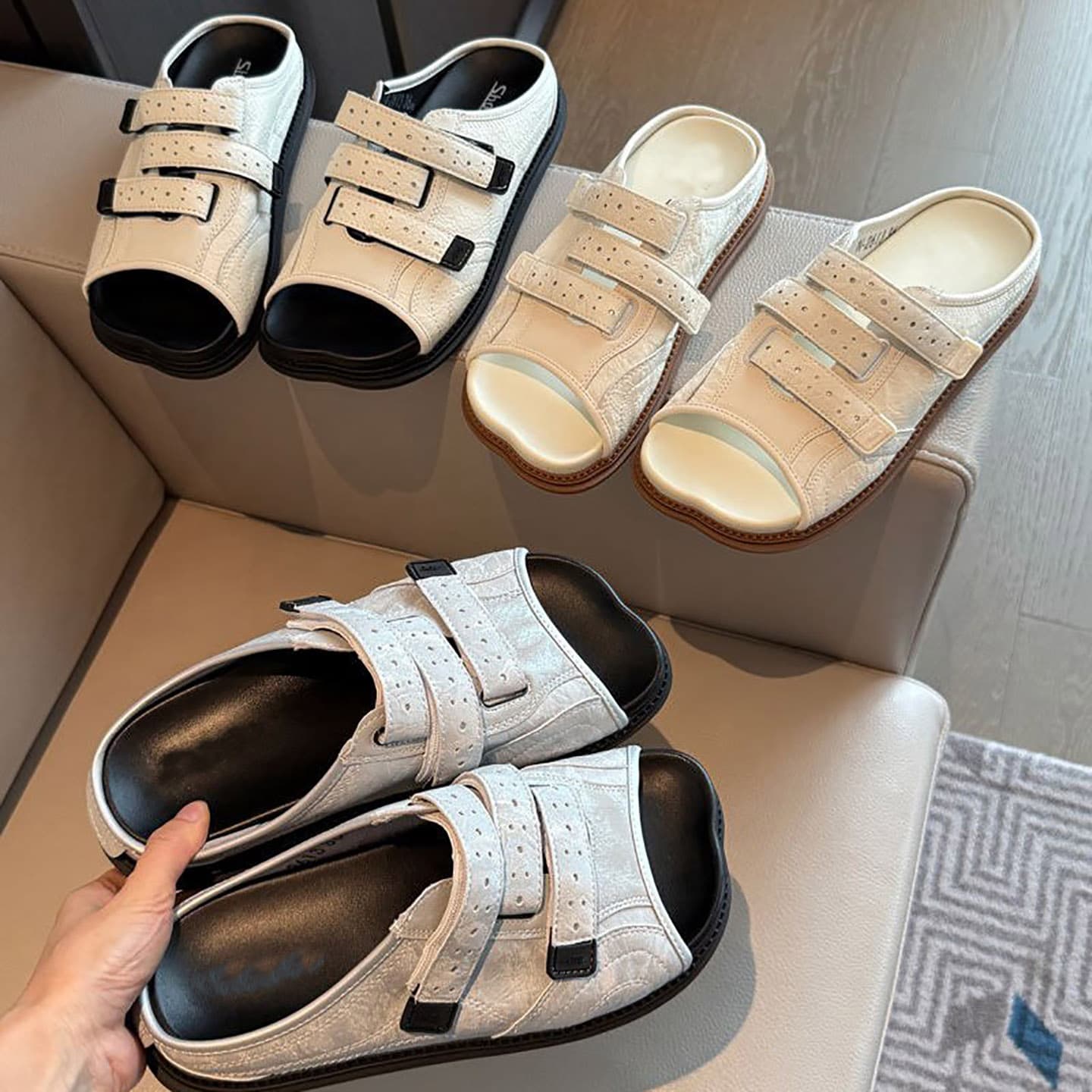Women Minimalist Double Adjustable Perforated Buckle Slide Mules, Embossed Soft Leather Open Toe Backless Slip On Casual Daily Walking Sandals
