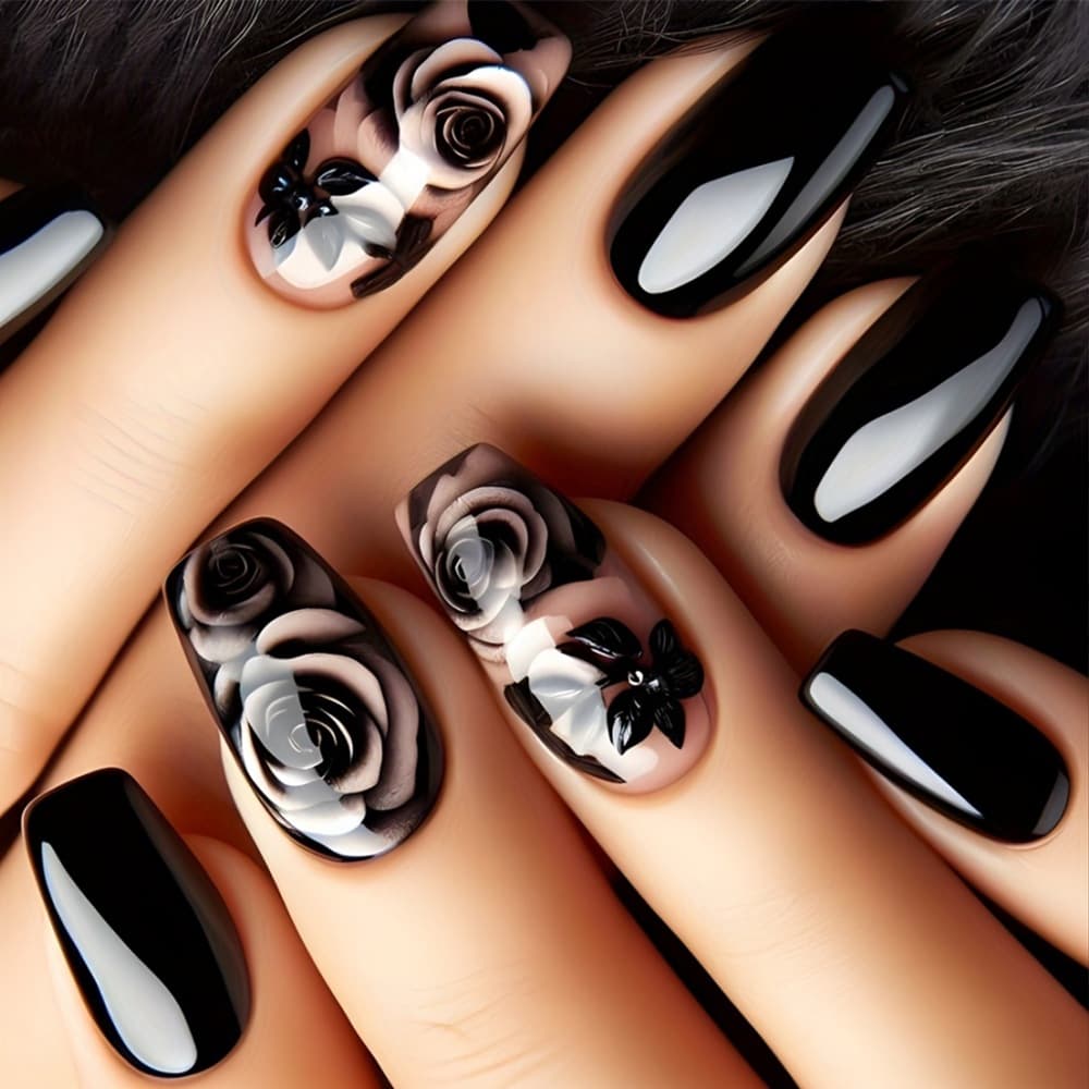 Make Yourself Extremely Attractive.This 24-piece Long Coffin-shaped Dark Black Lady's Rose Flower Design Nail Art Set Is Suitable For Parties,dances Or Daily Wear.Long Press The Nails.