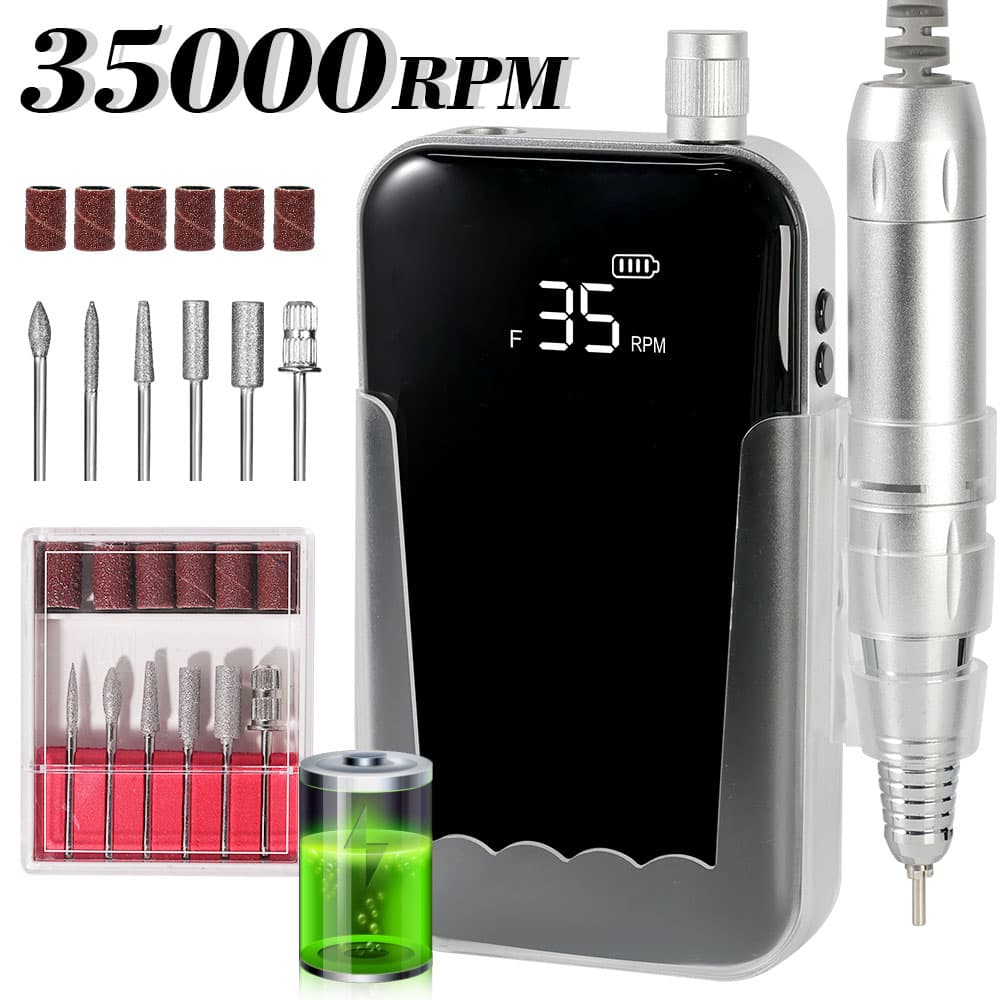 Professional Electric Nail Drill, 45000 RPM Cordless Rechargeable E-File Machine, With 12 Bits, Sanding Bands, LCD Display For Acrylic Gel Nails