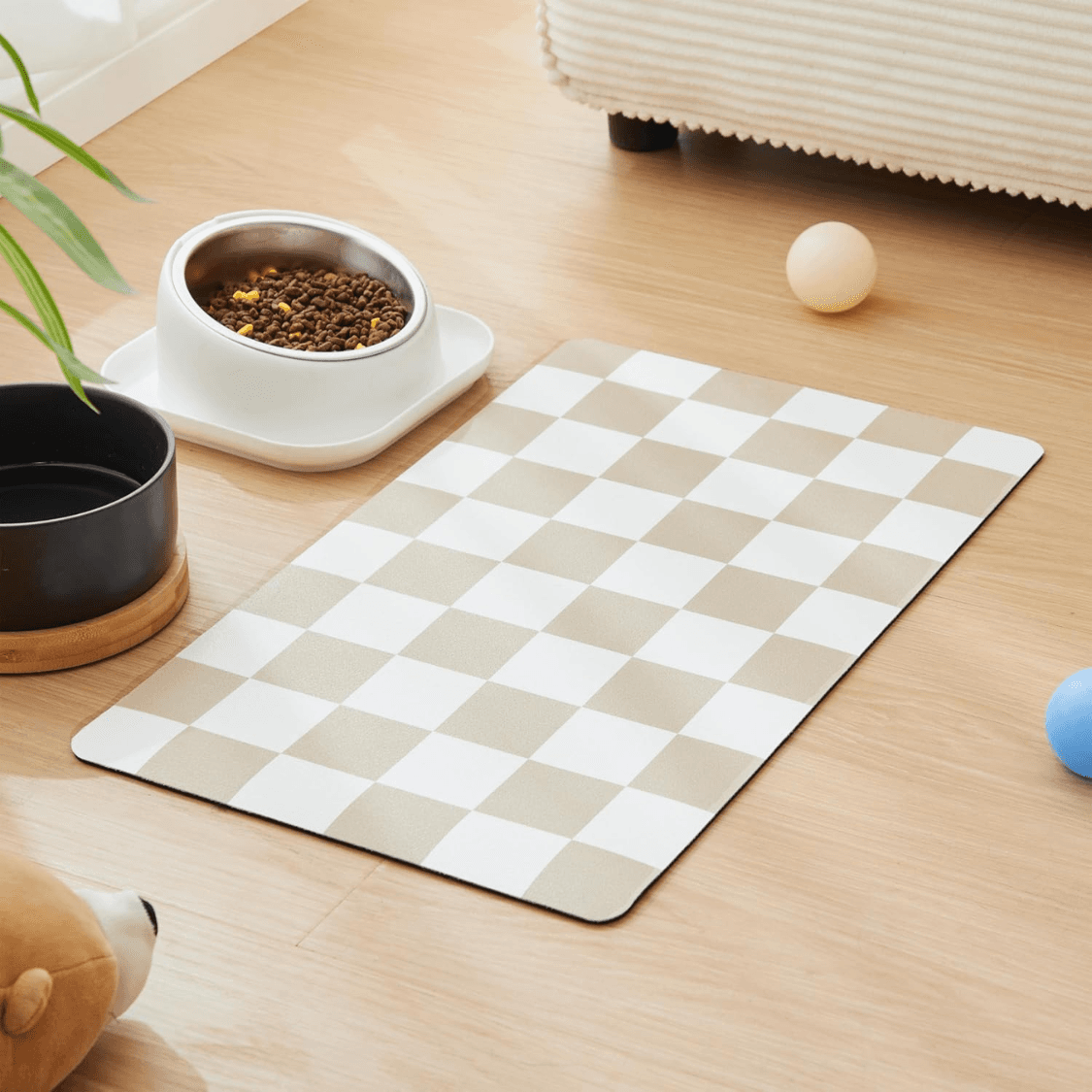 Dog Feeding Mat, Absorbent Mats For Dog Food And Water Bowl, Dispenser, Retro Aesthetic Khaki Beige Checkerboard Pet Placemat For Dogs, Cats, Puppy