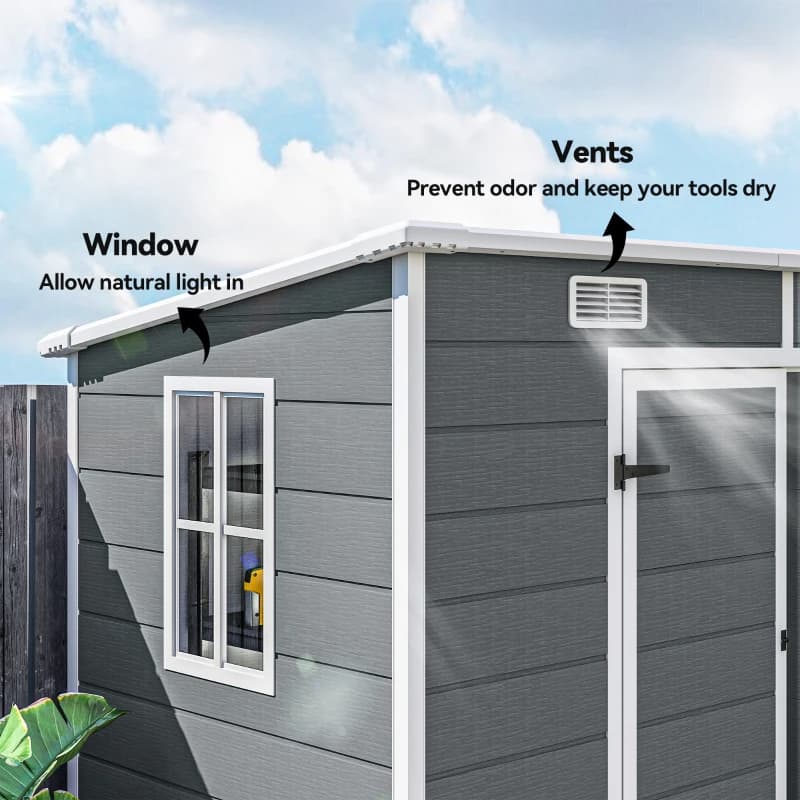 Plastic Outdoor Storage Shed With Floor, Window, Lockable Doors And Vents For Backyard Patio Lawn, Multiple Packages Shipped. Please Pay Attention To The Dimensions And Weight In The Details.