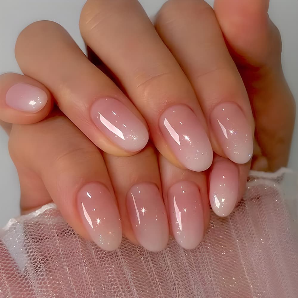 24-Piece Short Oval Press On Nails Set - Soft Pink-White Ombre,Gentle Minimalist Style,Long-Lasting Wear For Women & Girls  Elevate Your Style
