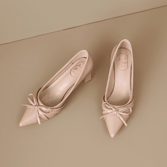 Pointed Toe Patent Leather French Bow High Heels For Women, New Spring Elegant Commuter Block Heel Shallow Mouth Fashion Pumps