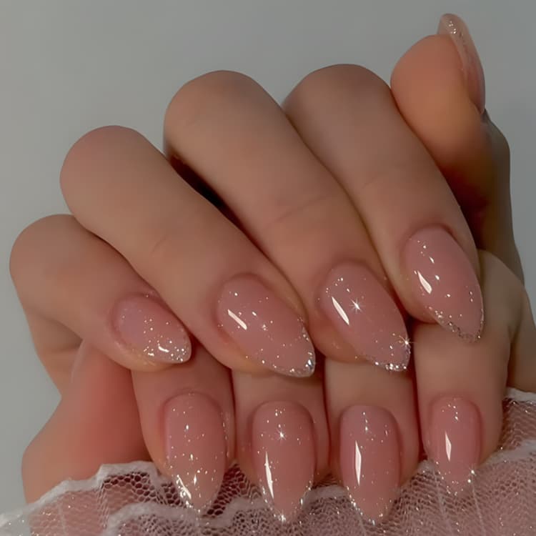 24 Pieces Of Short Almond-shaped Nail Stickers With Glitter Powder, Stylish And White-looking Fake Nails In French Pressing Style. Includes 1 Tube Of Gel And 1 Nail File. Nail Set.