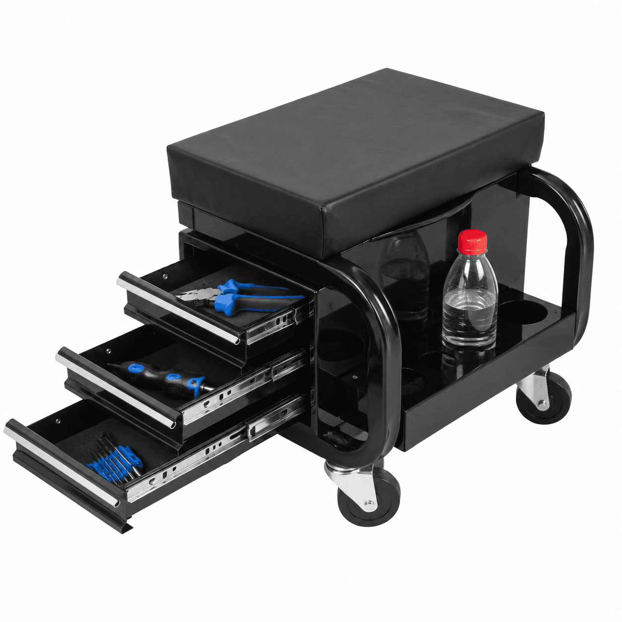 Rolling Garage Stool With 3 Drawers, Heavy Duty Mechanic Seat With Padded Vinyl Cushion, Tool Storage Cart, 350 Lbs Capacity