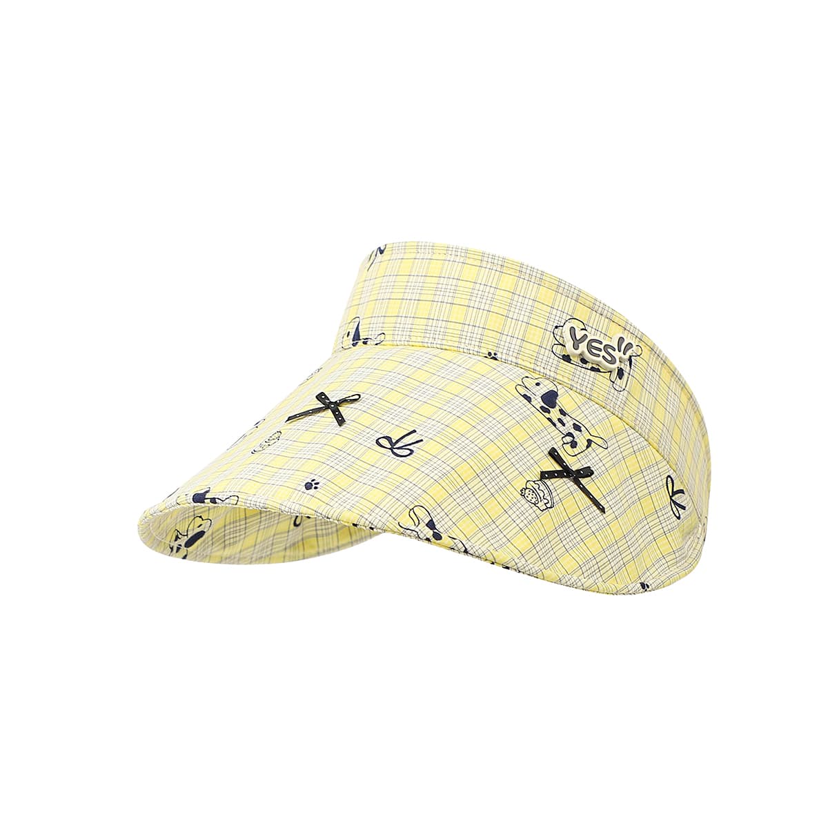 Yellow Checkered Polka Dot Puppy Print Sun Hat - Japanese Style, Sweet, Fresh, Cute, Casual, Sun-protective Hat