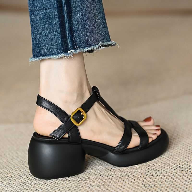 Genuine Leather Womens Thick-soled Open-toe Chunky-heel Sandals