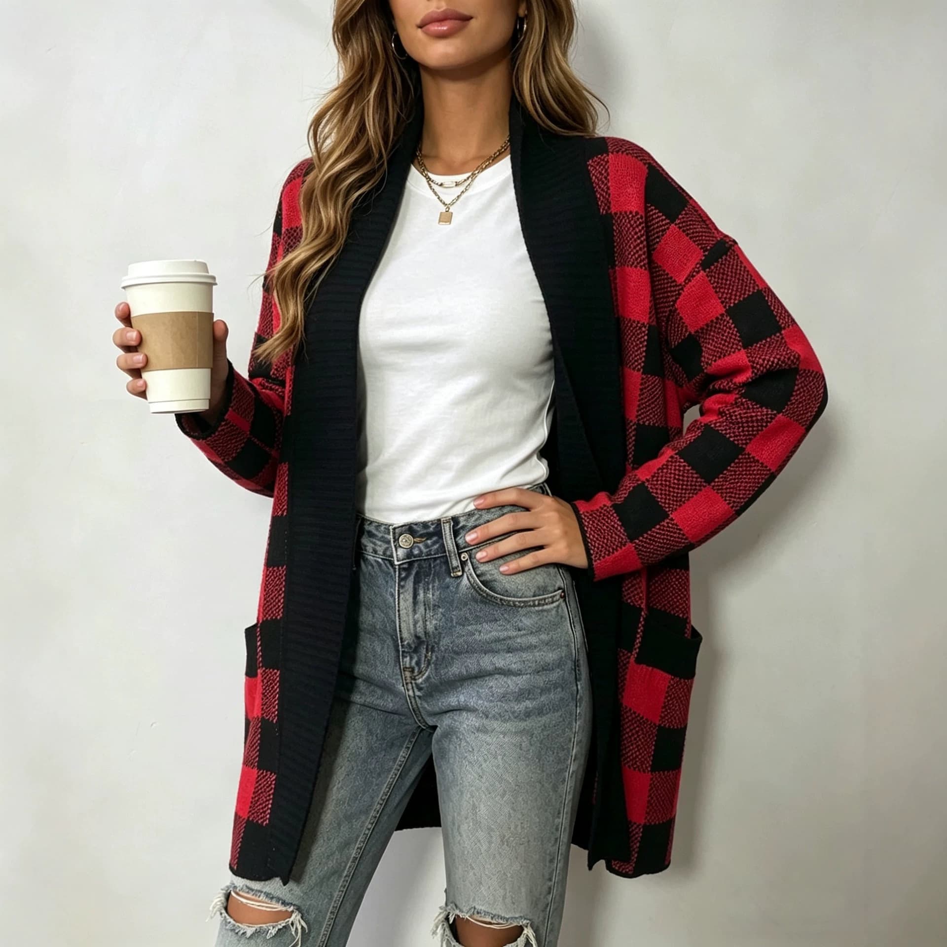 Plaid Pocket Cardigan Sweater Loose-Fit Plus-Size Womens Knit Jacket