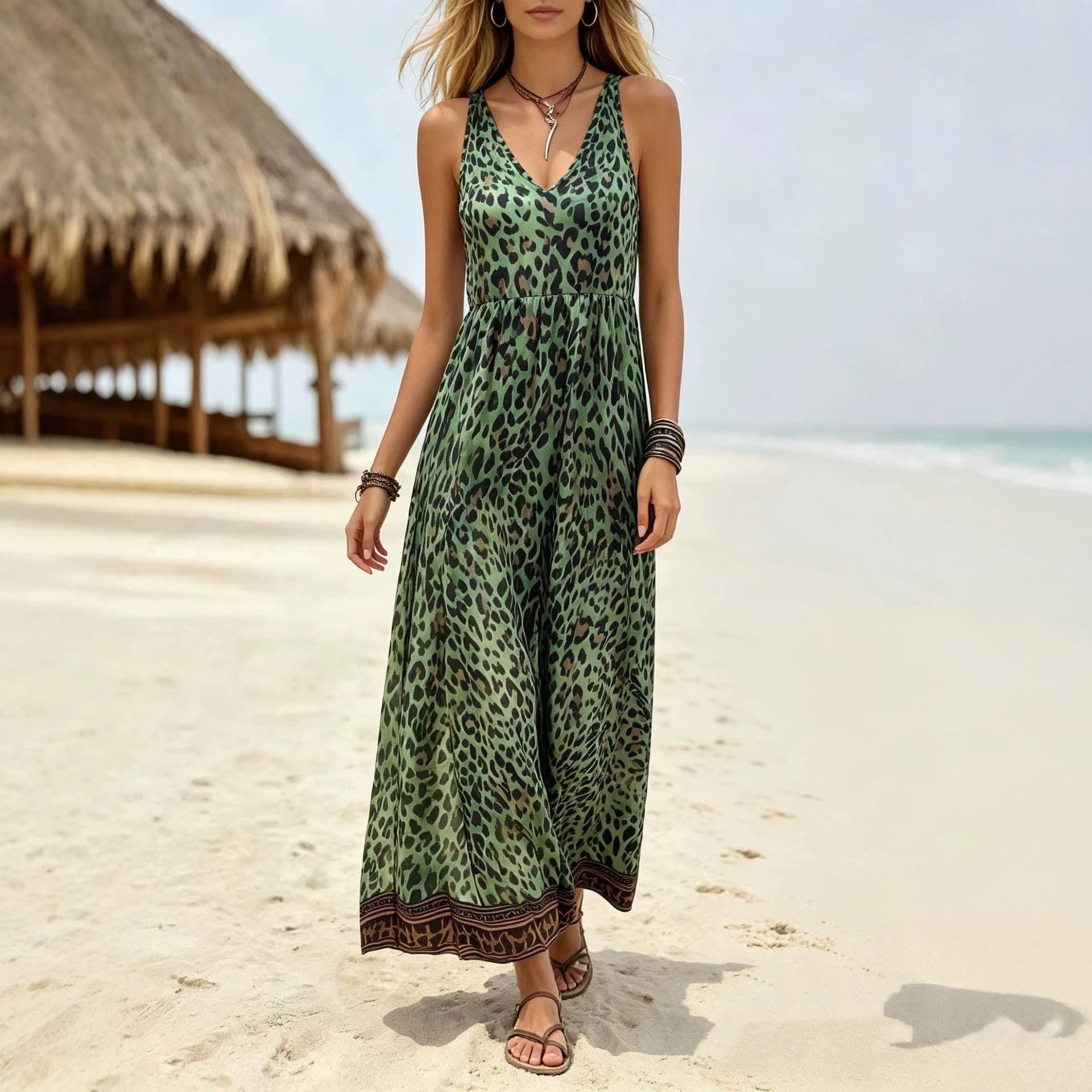 Leopard-print Casual Sleeveless V-neck Dress