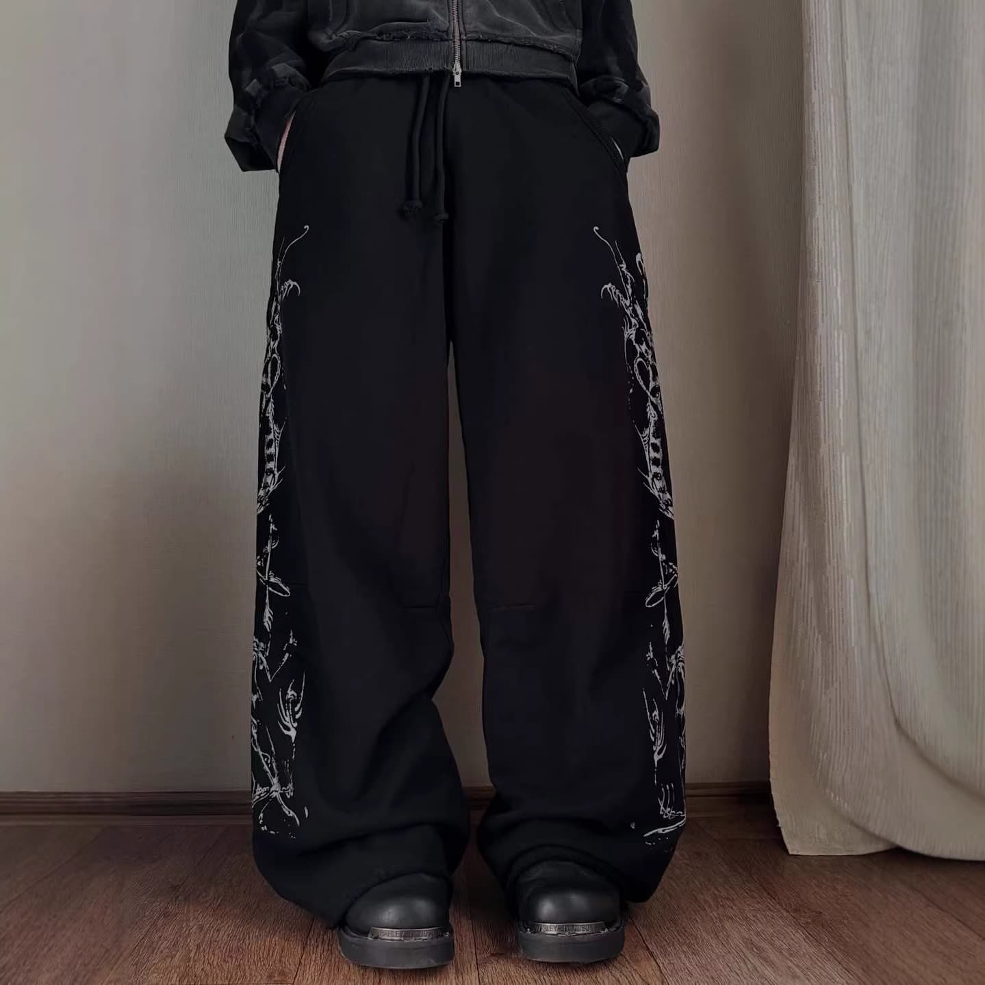 Mens Retro Harajuku Straight Leg Pants High Waist Sweatpants
