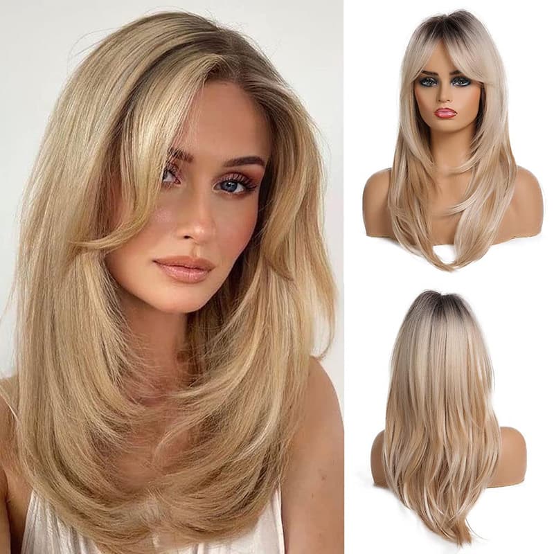 Womens Figure-8 Bangs Black-to-gray Ombre Long Straight Synthetic Hair