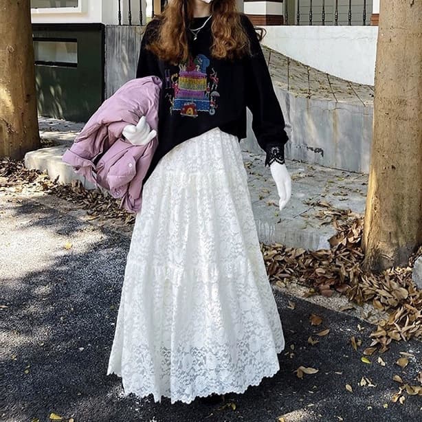 Lace-Panel High-Waisted Skirt For Women