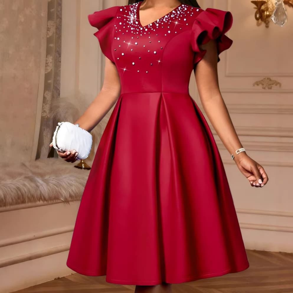 A-line V-neck Elegant Officewear Ruffled Hem Evening Dress