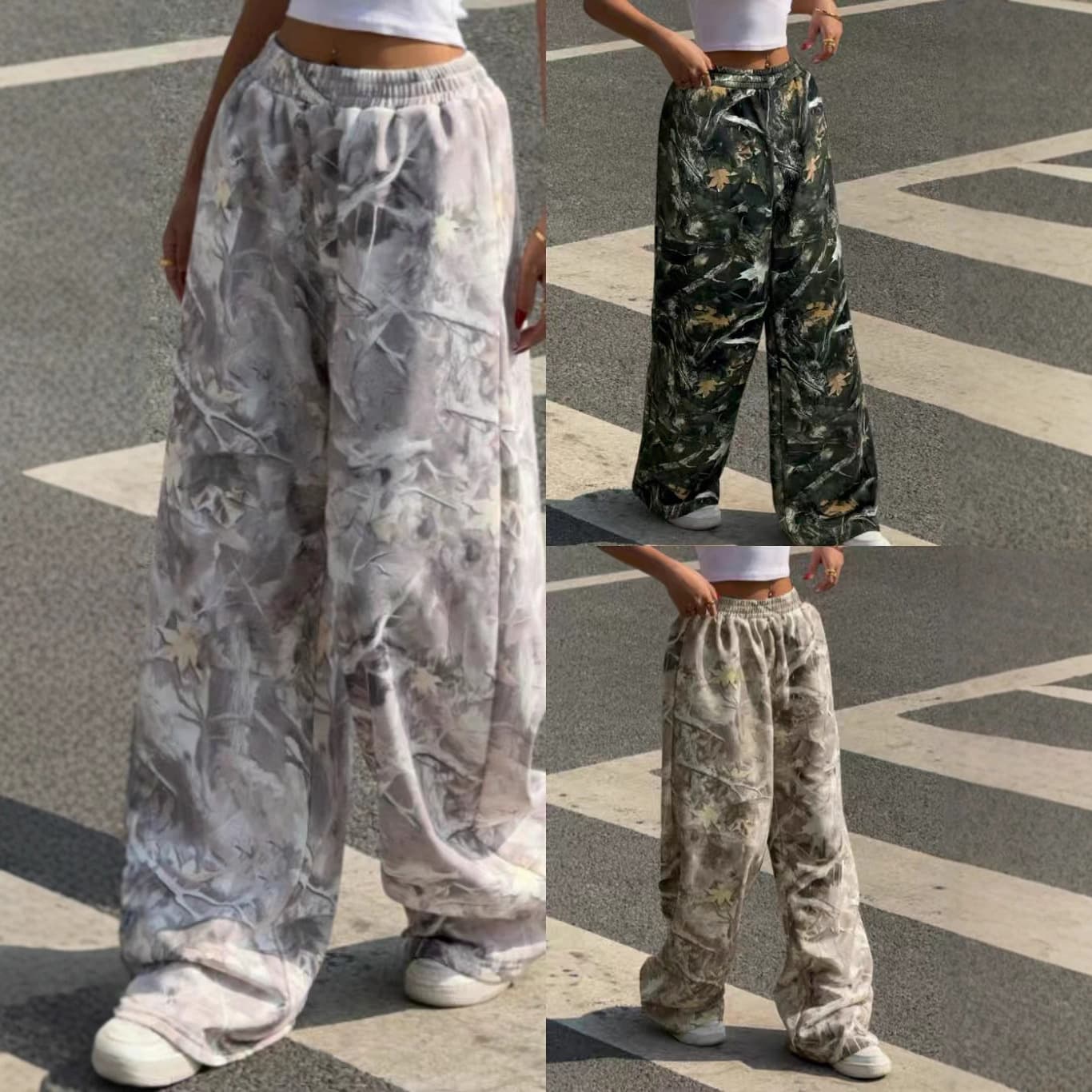 Elastic-waist Retro-print Figure-flattering Wide-leg Pants For Women
