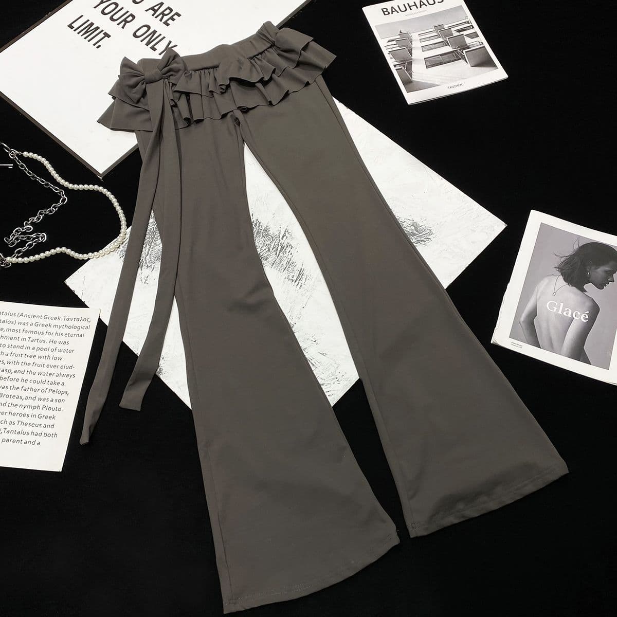Fake Two-piece Bow-tie Lace-up Low-rise Flared Pants For Women