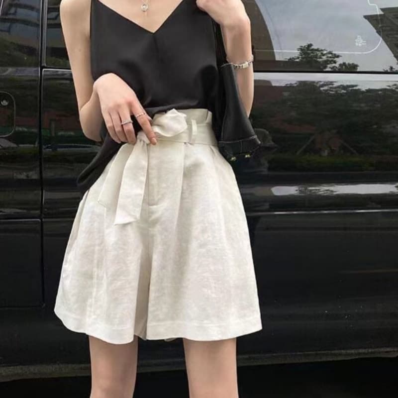 High-waisted Cotton-linen Shorts For Women