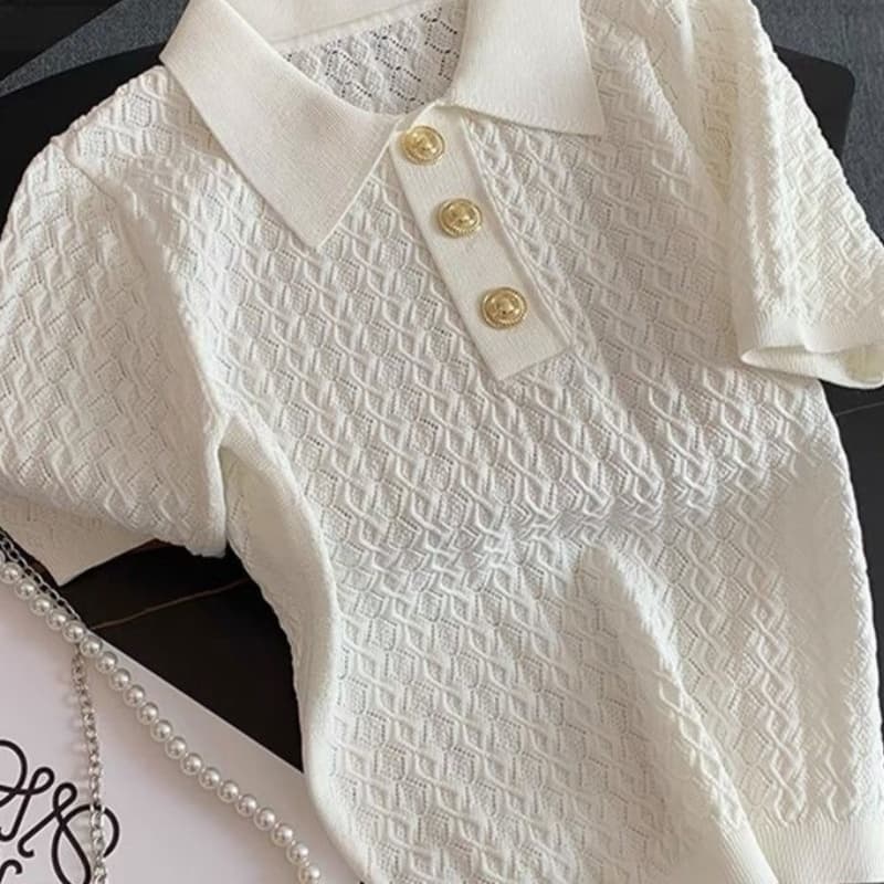 Ice Silk Polo-neck Knit Sweater For Women