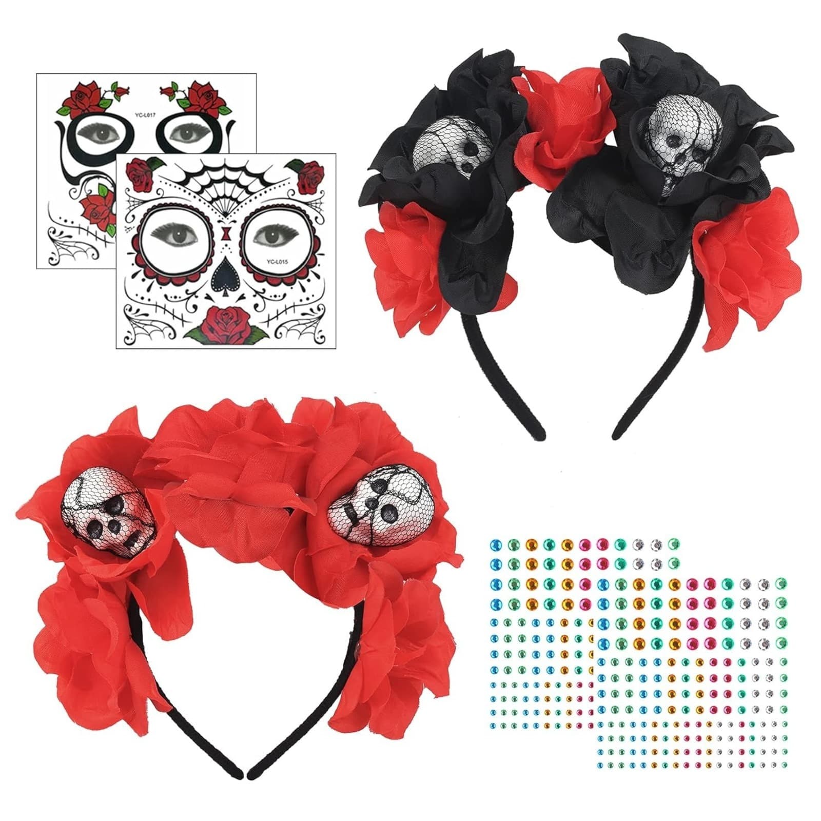 2-Pack Of Photo Booth Props: Day Of The Dead Bandana, Halloween Headpiece, Day Of The Dead Hairband—Photo Booth Props