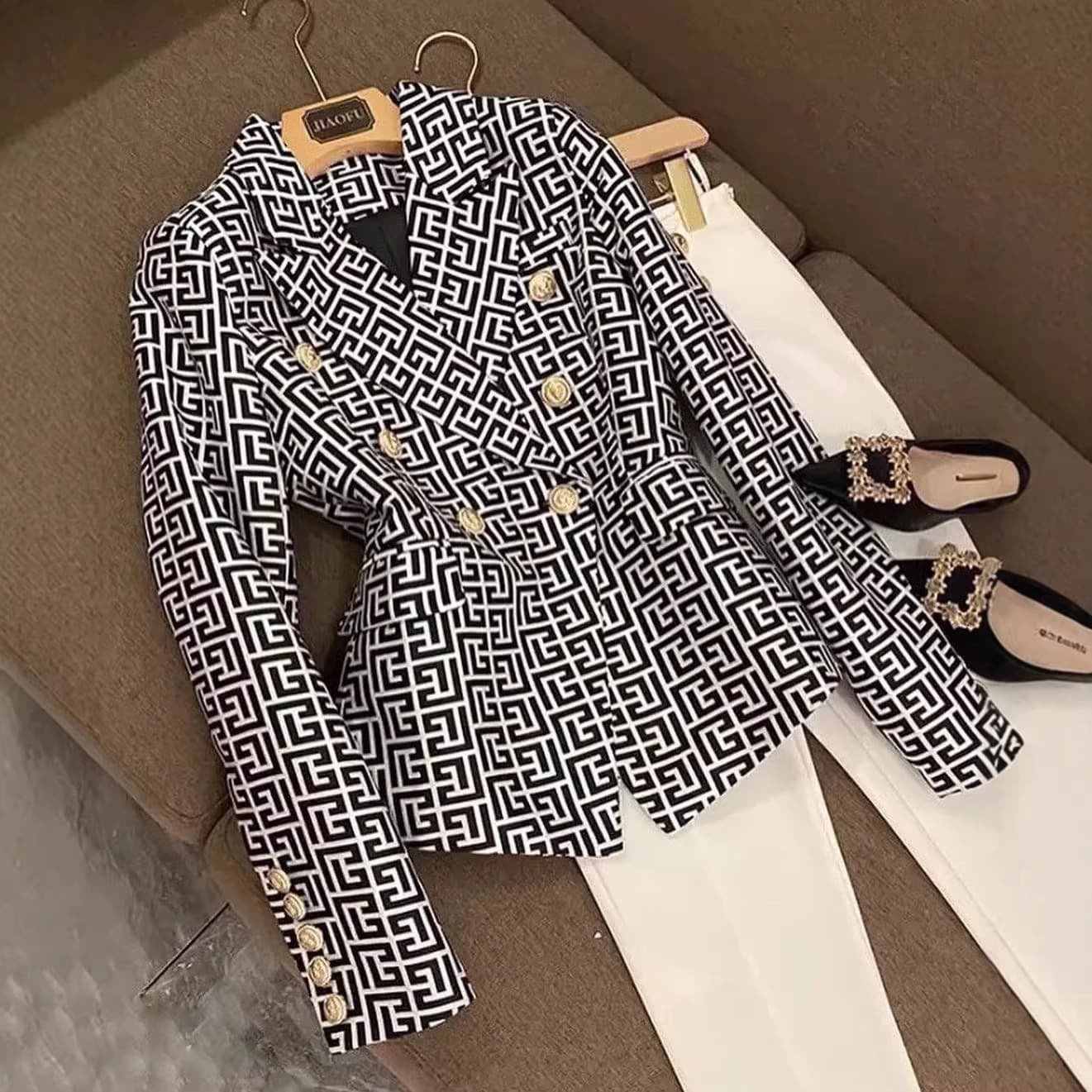 Womens Black And White Geometric Print Coat