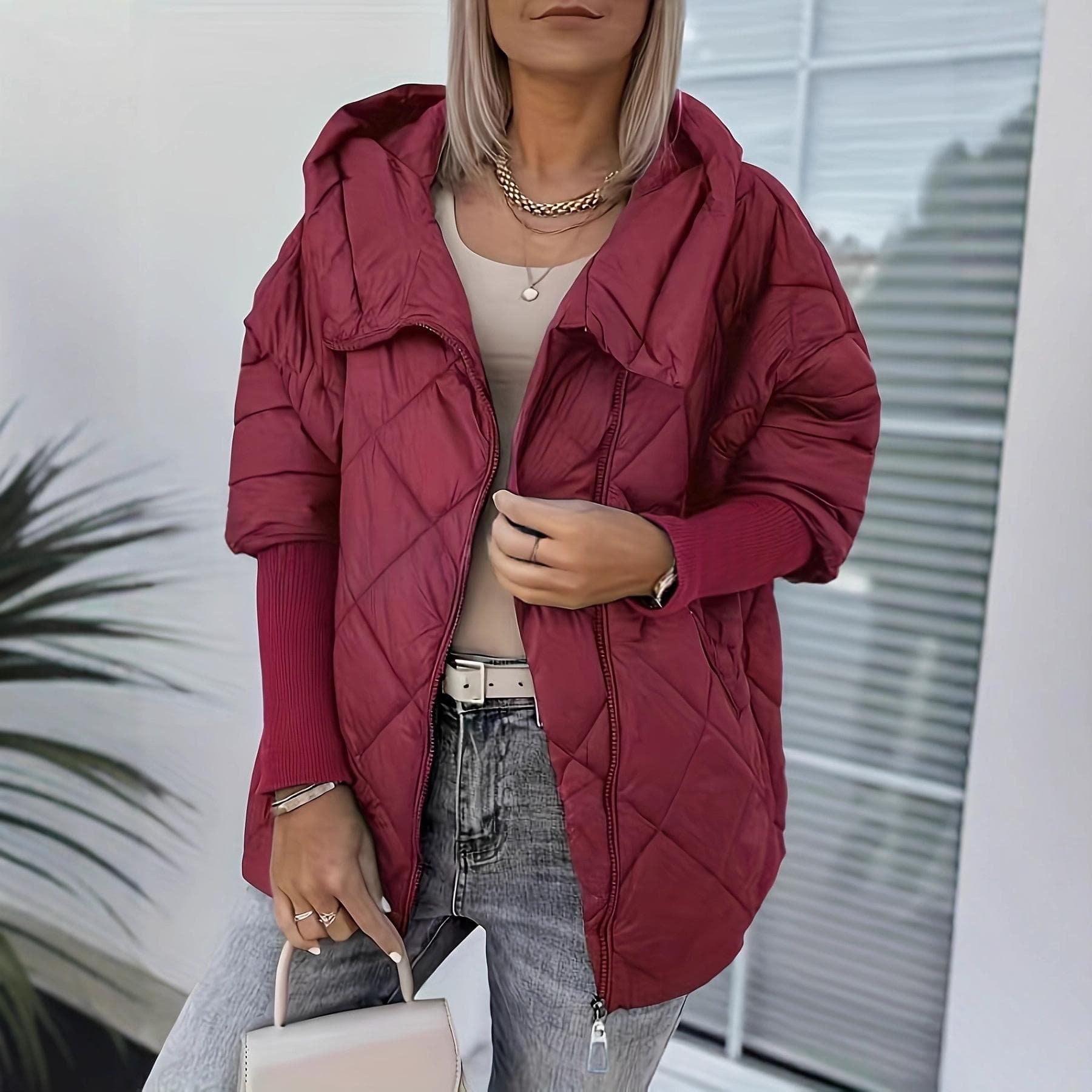 Hooded Zip-up Jacket Chic Patchwork Design Warm Puffer Coat