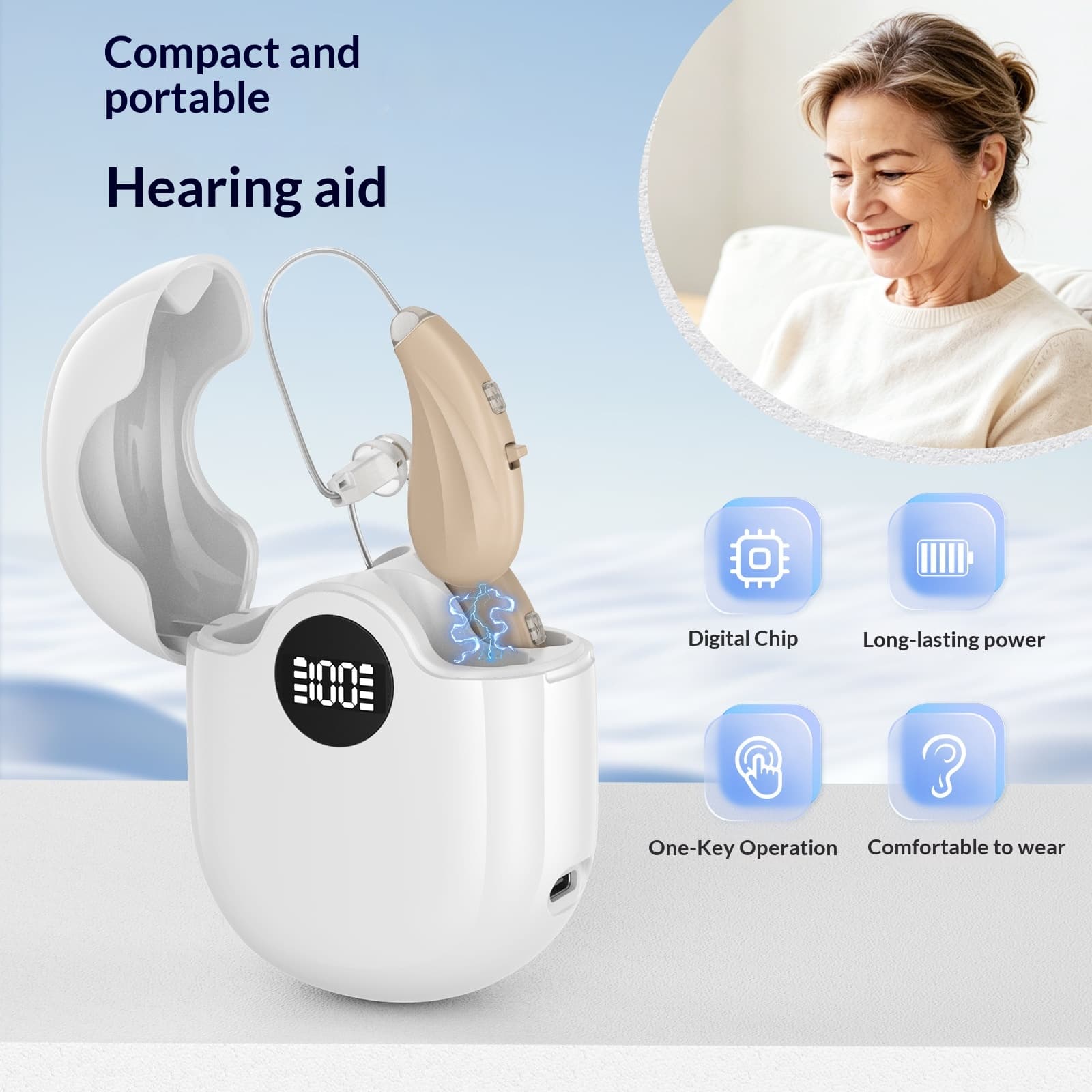 Noise-canceling Behind-the-ear Hearing Aid For Seniors With Sound Amplification