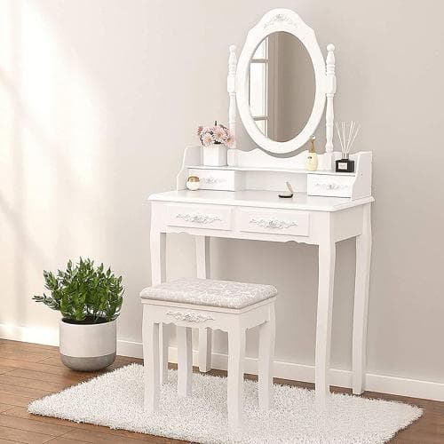 Wooden White Dressing Table And Chair Set For Adults